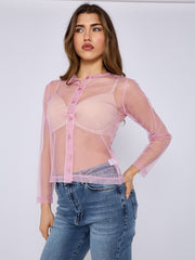 Mesh Button Through Long Sleeve Top