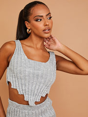 Lurex Asymmetric Hem Knitted Vest Crop Top
