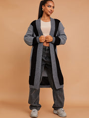 Colour Block Longline Knitted Open Cardigan