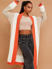 Colour Block Longline Knitted Open Cardigan