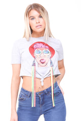 Applique Girl Face Crop Top With Tassels