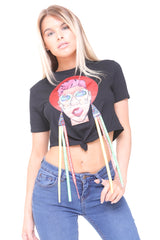 Applique Girl Face Crop Top With Tassels