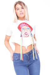 Applique Girl Face Crop Top With Tassels