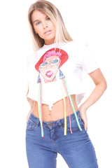 Applique Girl Face Crop Top With Tassels