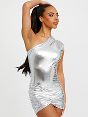 Twist Knot Front Metallic One Shoulder Dress