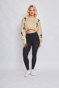 Crucifix Detail Knitted Cropped Jumper - Stone