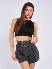 Pleated Denim Skirt With Matching Belt