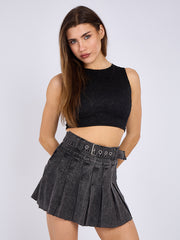 Pleated Denim Skirt With Matching Belt