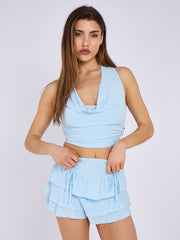 Tie Back Slinky Crop Top & Frill Detail Shorts Co-ord