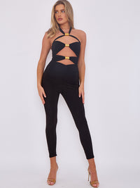 Spring Coil Cut Out Detail Halter Jumpsuit - Black
