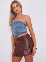 Diamante Studded Front Corset Style Bandeau Denim Crop Top