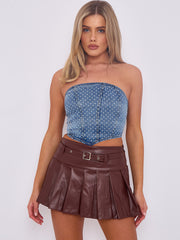 Diamante Studded Front Corset Style Bandeau Denim Crop Top