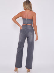 Diamante Studded Front Corset Style Bandeau Denim Crop Top