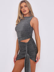 Lurex Crop Top & Ruched Mini Skirt With Drape Detail Co-ord
