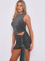 Lurex Crop Top & Ruched Mini Skirt With Drape Detail Co-ord