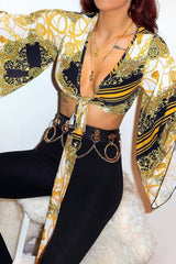 Patterned Print Tie Knot Bell Sleeve Crop Top