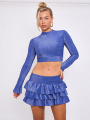 Lurex Crop Top & Ruffle Layered Skirt Co-ord