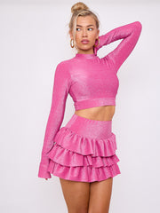 Lurex Crop Top & Ruffle Layered Skirt Co-ord
