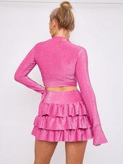 Lurex Crop Top & Ruffle Layered Skirt Co-ord