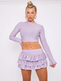 Lurex Crop Top y Ruffle Capeed Skirt Coord - Lilac