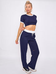 Contrast Trim Ribbed Crop Top & Wide Leg Trouser Co-ord
