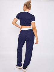 Contrast Trim Ribbed Crop Top & Wide Leg Trouser Co-ord