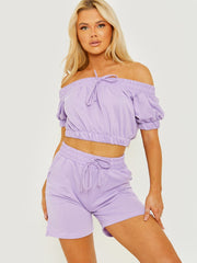 Elastische Bardot Crop Top & Shorts coöperatie