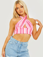 Striped Ribbed Halter Crop Top