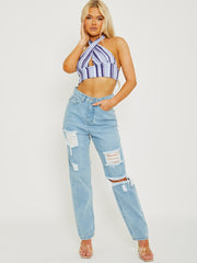 Striped Ribbed Halter Crop Top