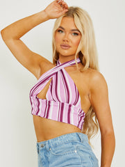 Striped Ribbed Halter Crop Top