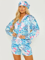 Printed Satin Blouse & Shorts Co-ord With Matching Bandana