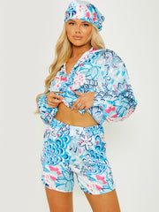 Printed Satin Blouse & Shorts Co-ord With Matching Bandana