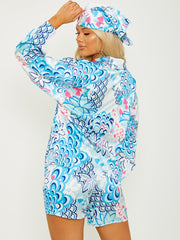 Printed Satin Blouse & Shorts Co-ord With Matching Bandana