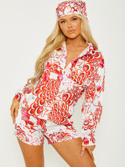 Printed Satin Blouse & Shorts Co-ord With Matching Bandana