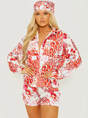 Printed Satin Blouse & Shorts Co-ord With Matching Bandana
