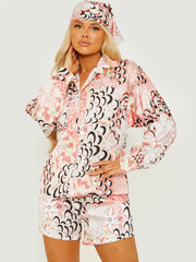 Printed Satin Blouse & Shorts Co-ord With Matching Bandana