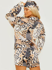 Printed Satin Blouse & Shorts Co-ord With Matching Bandana