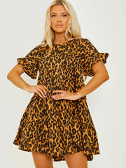 Leopard Print Frill Tiered Smock Dress