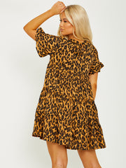 Leopard Print Frill Tiered Smock Dress