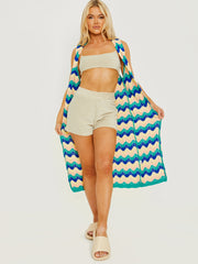 Sleeveless Zig Zag Knitted Open Cardigan