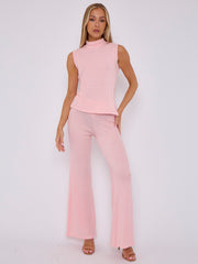 Woven Knit Asymmetric High Neck Sleeveless Top & Flared Trouser Co-ord