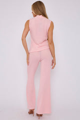 Woven Knit Asymmetric High Neck Sleeveless Top & Flared Trouser Co-ord
