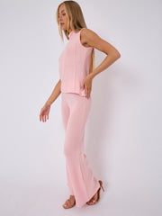 Woven Knit Asymmetric High Neck Sleeveless Top & Flared Trouser Co-ord
