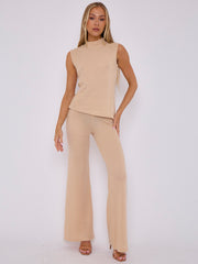 Woven Knit Asymmetric High Neck Sleeveless Top & Flared Trouser Co-ord