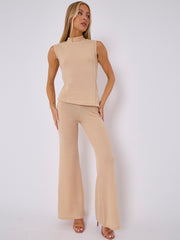 Woven Knit Asymmetric High Neck Sleeveless Top & Flared Trouser Co-ord