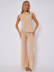 Woven Knit Asymmetric High Neck Sleeveless Top & Flared Trouser Co-ord