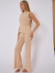 Woven Knit Asymmetric High Neck Sleeveless Top & Flared Trouser Co-ord