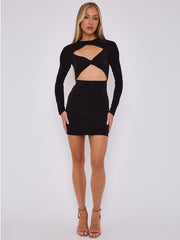 Cut Out Knot Front Long Sleeve Slinky Dress