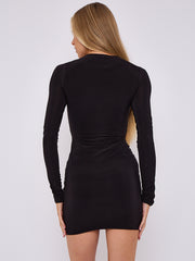 Cut Out Knot Front Long Sleeve Slinky Dress