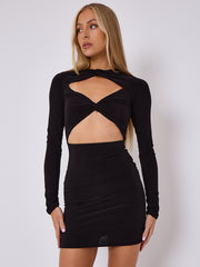 Cut Out Knot Front Long Sleeve Slinky Dress